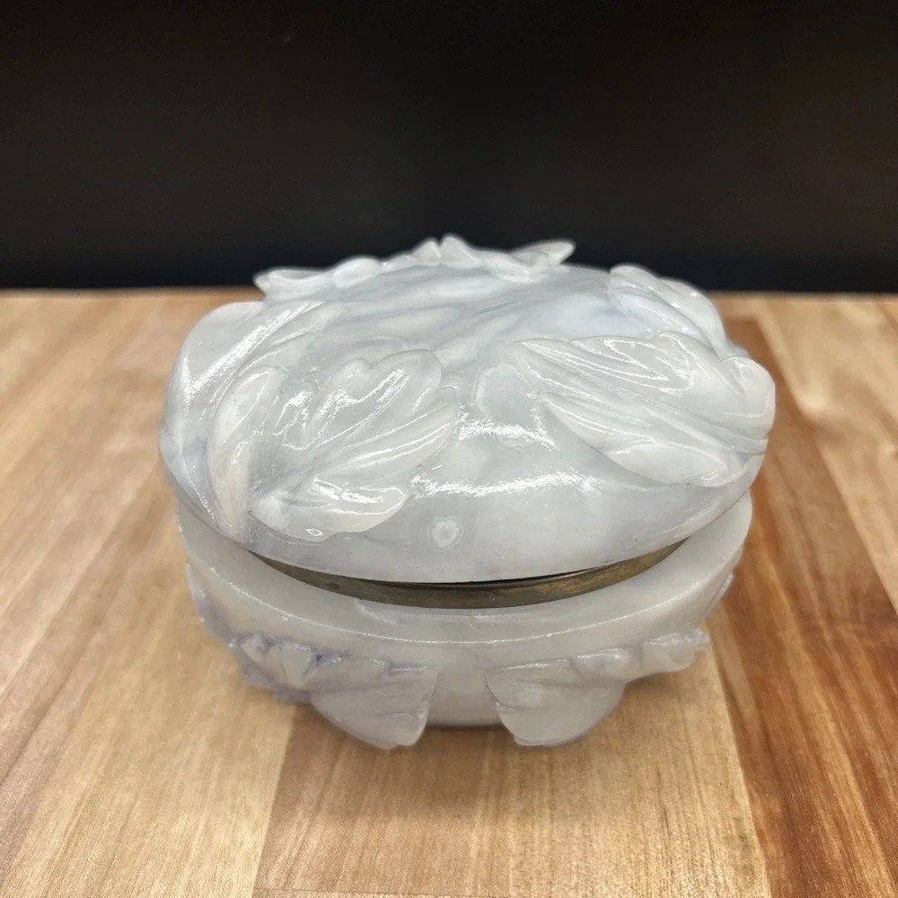 Vintage alabaster Trinket Box With Hinged Lid Carved Stone